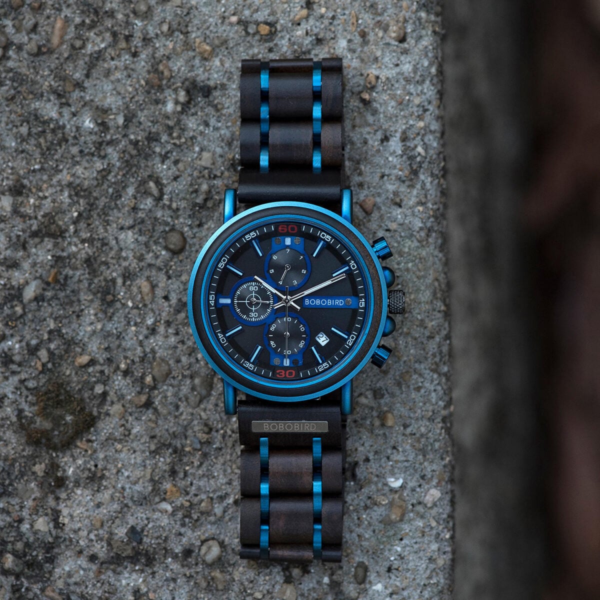 Natural Ebony and Blue Stainless Steel Men's Wooden Chronograph Watch - Kay S18-6_1500_8 Natural Ebony and Blue Stainless Steel Men's Wooden Chronograph Watch - Kay S18-6_1500_8