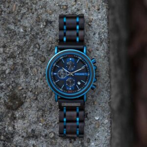 Reloj cronógrafo de madera para hombre en ébano natural y acero inoxidable azul - Kay S18-6