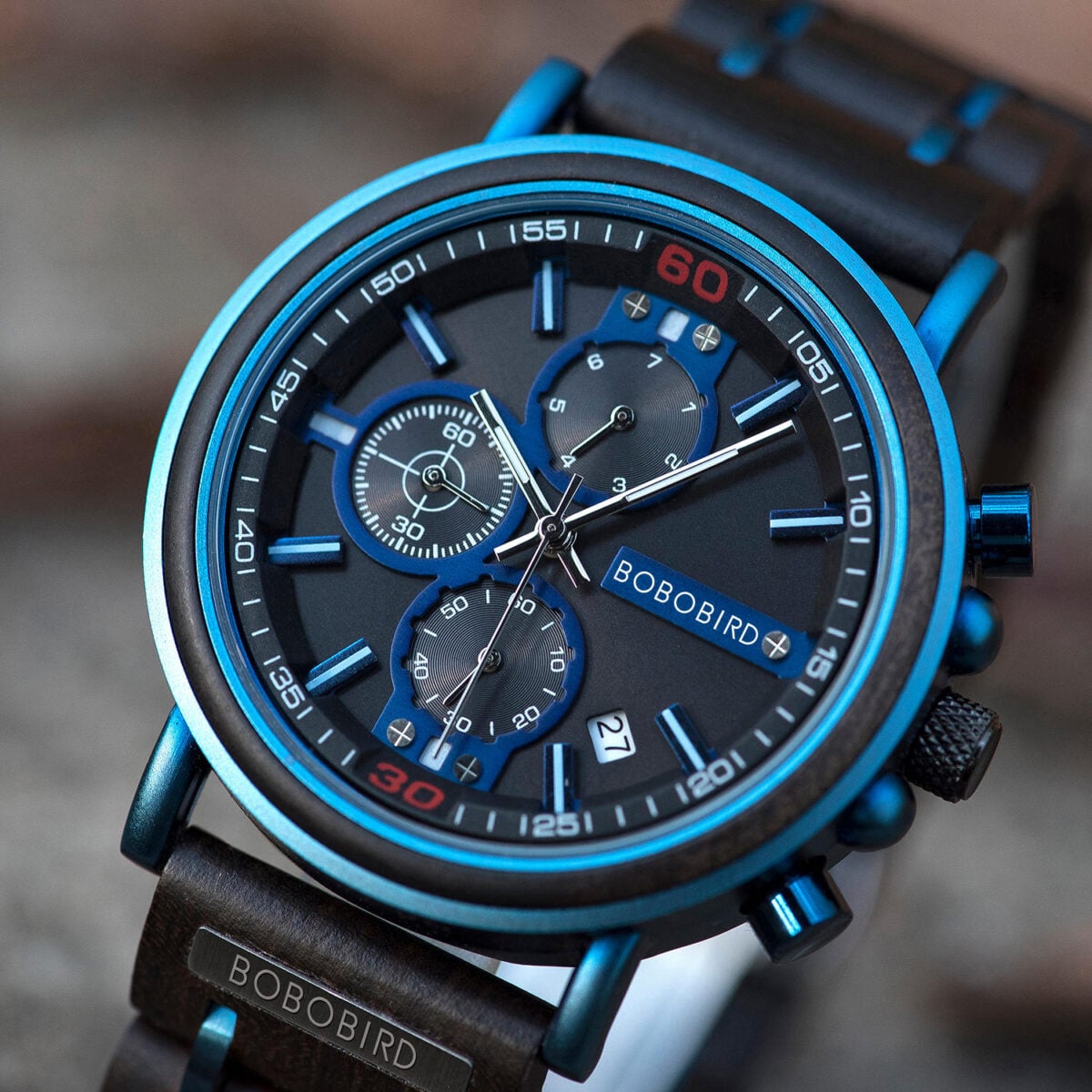 Natural Ebony and Blue Stainless Steel Men's Wooden Chronograph Watch - Kay S18-6_1500_9 Natural Ebony and Blue Stainless Steel Men's Wooden Chronograph Watch - Kay S18-6_1500_9