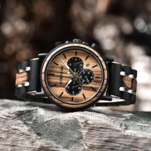 Natural Ebony & Zebrawood & Stainless Steel Combined Wood Watch Personalized Gifts For Him - North S09X_1