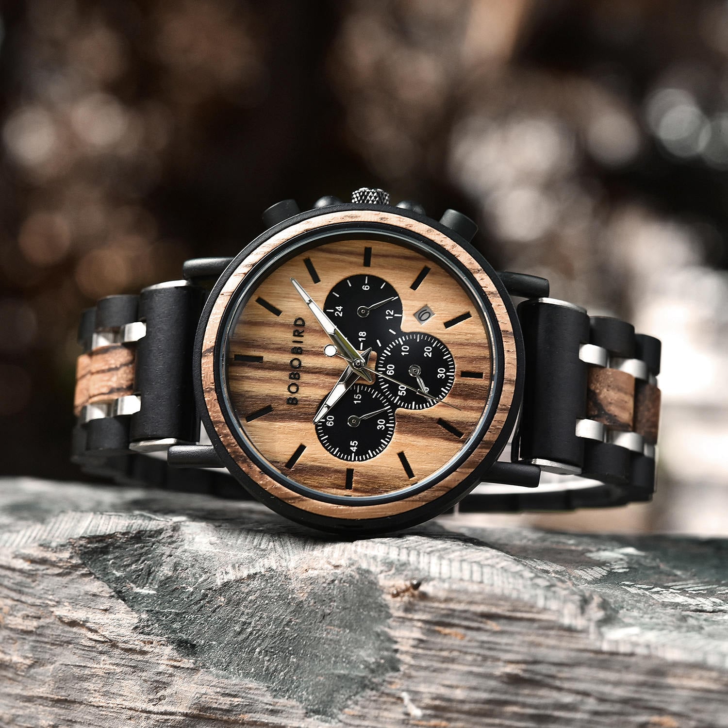 Bobo Bird Combined Wood Watch Natural Ebony & Zebrawood & Stainless Steel - North S09X