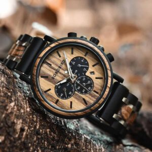 Natural Ebony & Zebrawood & Stainless Steel Combined Wood Watch Personalized Gifts For Him - North S09X