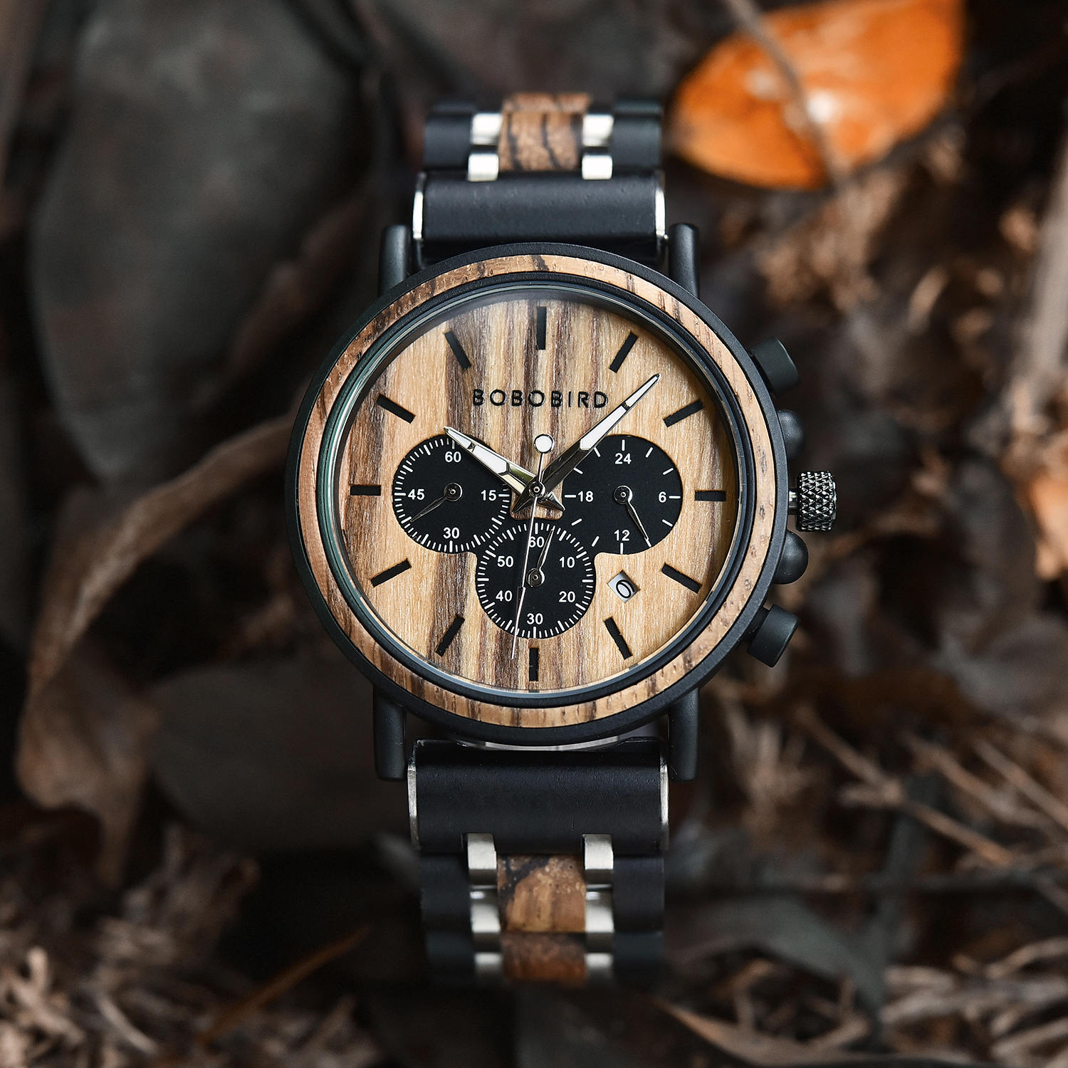 Relógio de Madeira Natural Ebony & Zebrawood & Stainless Steel Combinado Presentes Personalizados para Ele - Norte