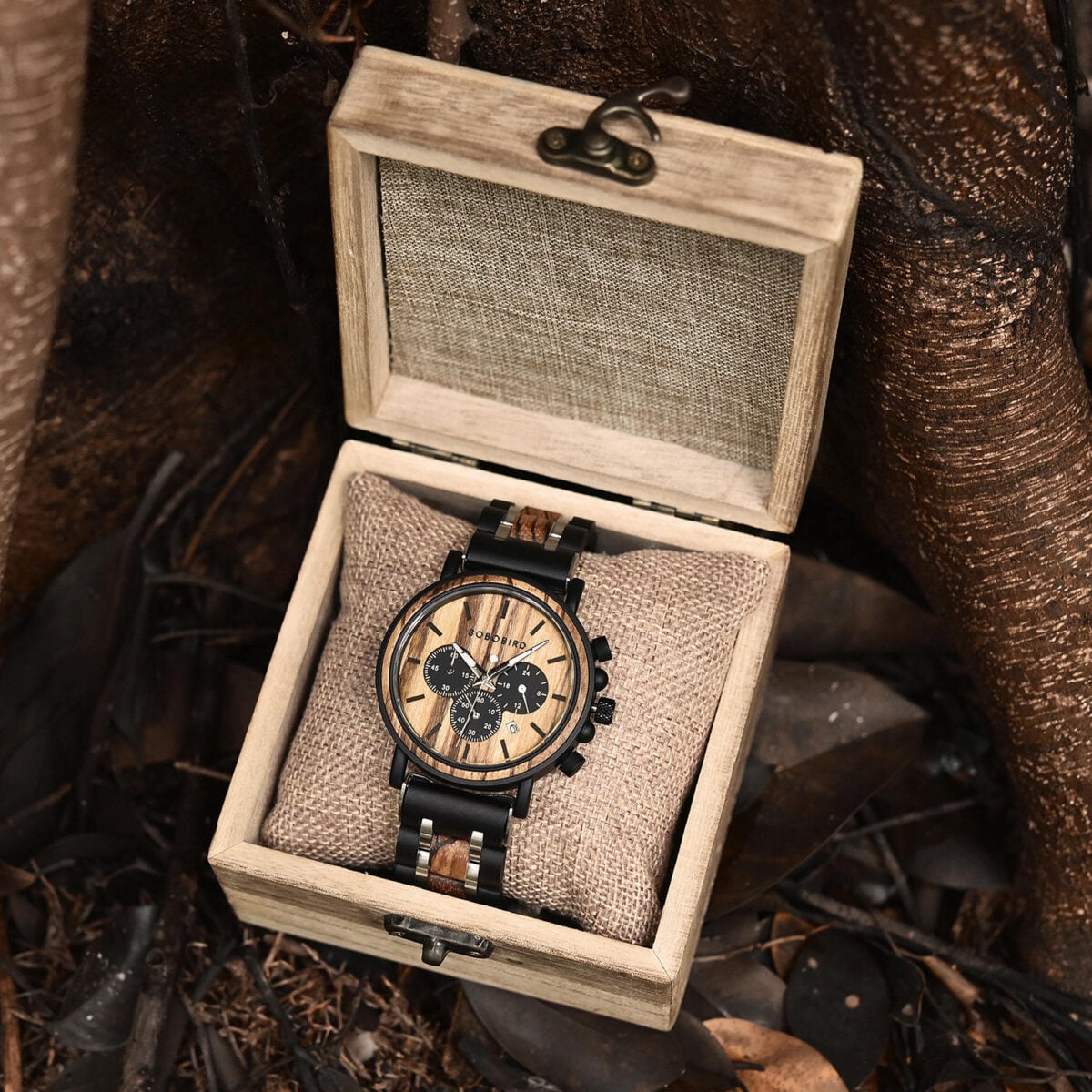 Natural Ebony & Zebrawood & Stainless Steel Combined Wood Watch Personalized Gifts For Him - North S09X_14 Natural Ebony & Zebrawood & Stainless Steel Combined Wood Watch Personalized Gifts For Him - North S09X_14