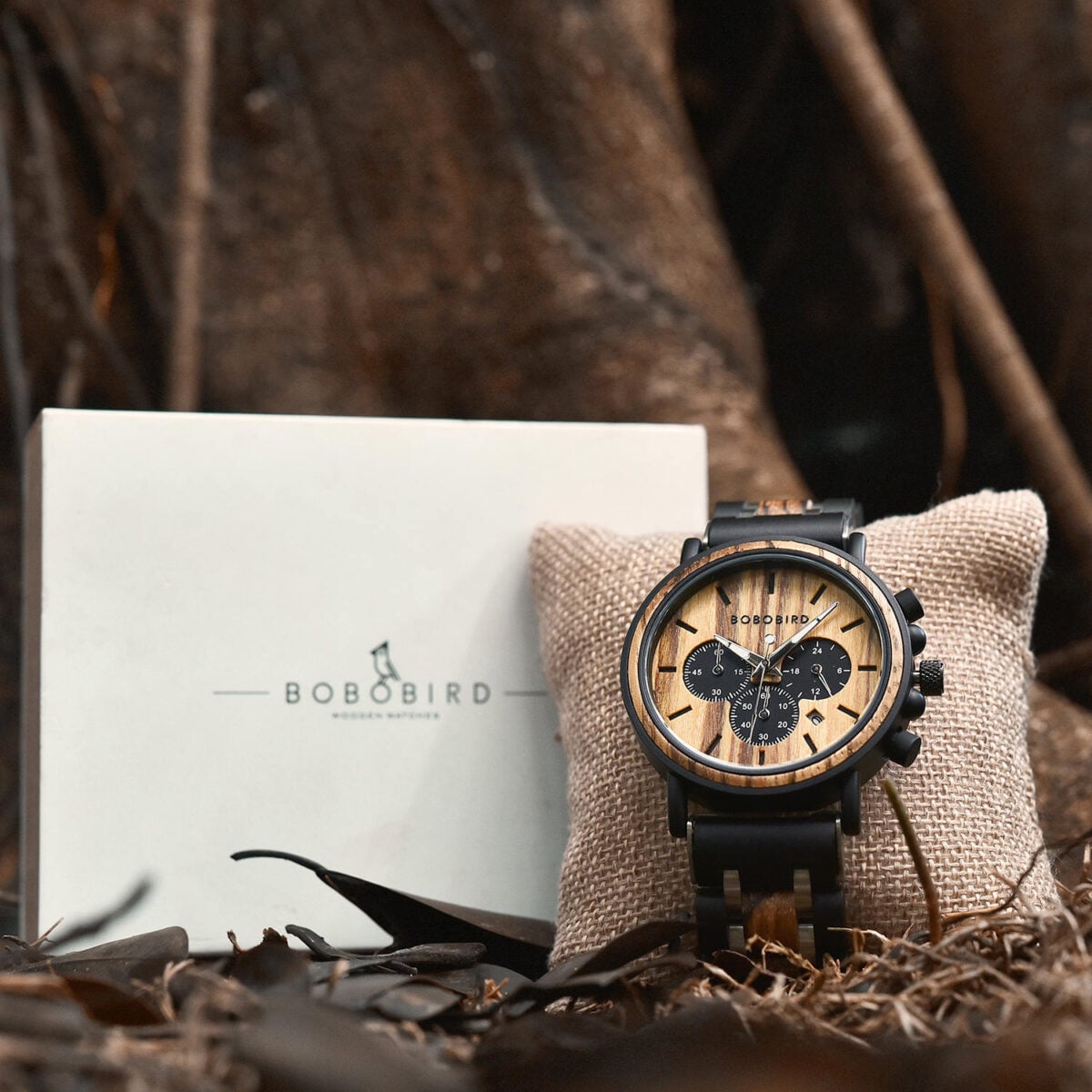 Natural Ebony & Zebrawood & Stainless Steel Combined Wood Watch Personalized Gifts For Him - North S09X_15 Natural Ebony & Zebrawood & Stainless Steel Combined Wood Watch Personalized Gifts For Him - North S09X_15