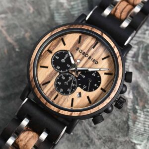 Natural Ebony & Zebrawood & Stainless Steel Combined Wood Watch Personalized Gifts For Him - North S09X_2