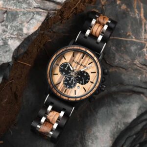 Natural Ebony & Zebrawood & Stainless Steel Combined Wood Watch Personalized Gifts For Him - North S09X