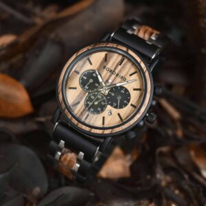 Natural Ebony & Zebrawood & Stainless Steel Combined Wood Watch Personalized Gifts For Him - North S09X_5