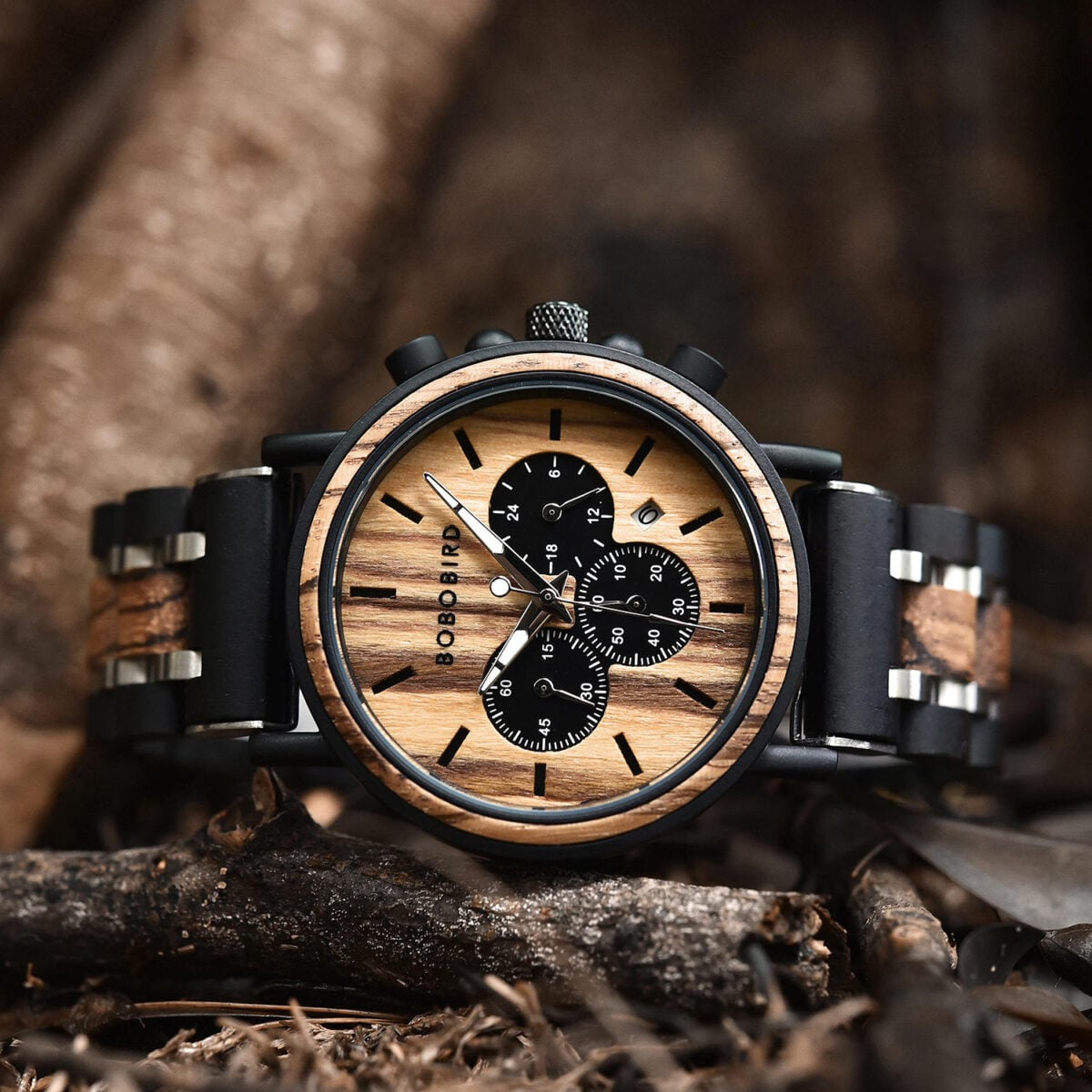 Natural Ebony & Zebrawood & Stainless Steel Combined Wood Watch Personalized Gifts For Him - North S09X_6 Natural Ebony & Zebrawood & Stainless Steel Combined Wood Watch Personalized Gifts For Him - North S09X_6