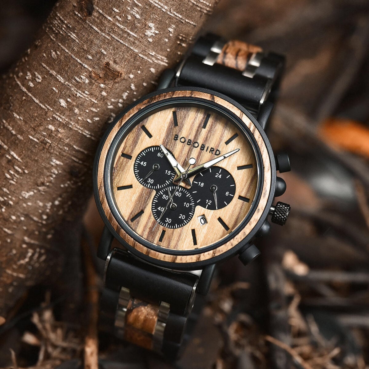 Natural Ebony & Zebrawood & Stainless Steel Combined Wood Watch Personalized Gifts For Him - North S09X_7 Natural Ebony & Zebrawood & Stainless Steel Combined Wood Watch Personalized Gifts For Him - North S09X_7