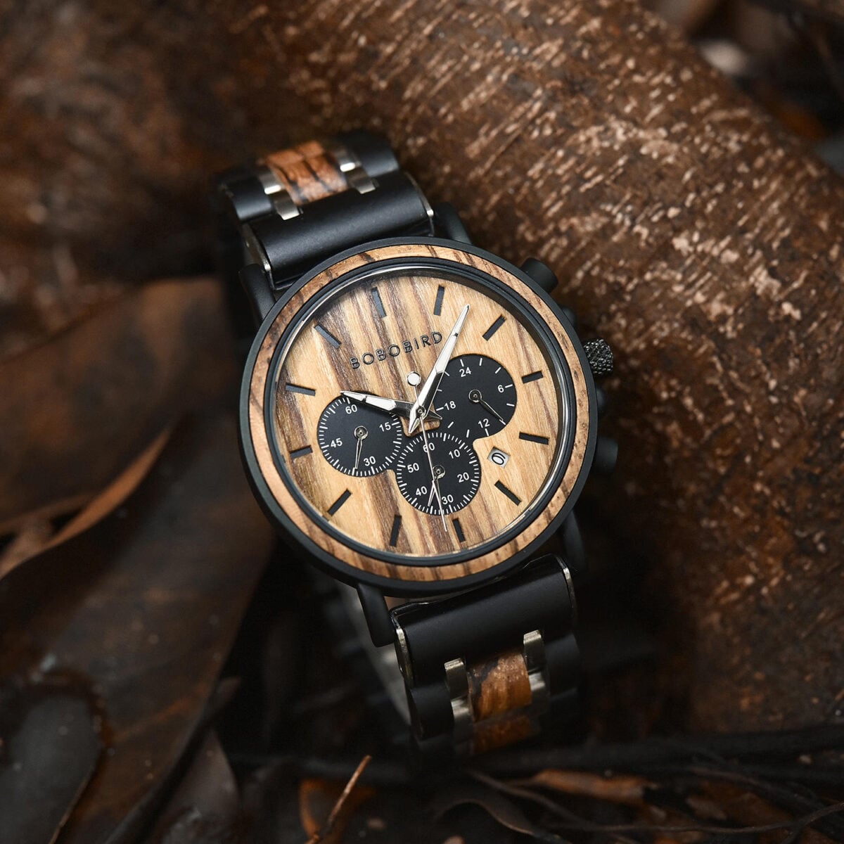 Natural Ebony & Zebrawood & Stainless Steel Combined Wood Watch Personalized Gifts For Him - North S09X_8 Natural Ebony & Zebrawood & Stainless Steel Combined Wood Watch Personalized Gifts For Him - North S09X_8