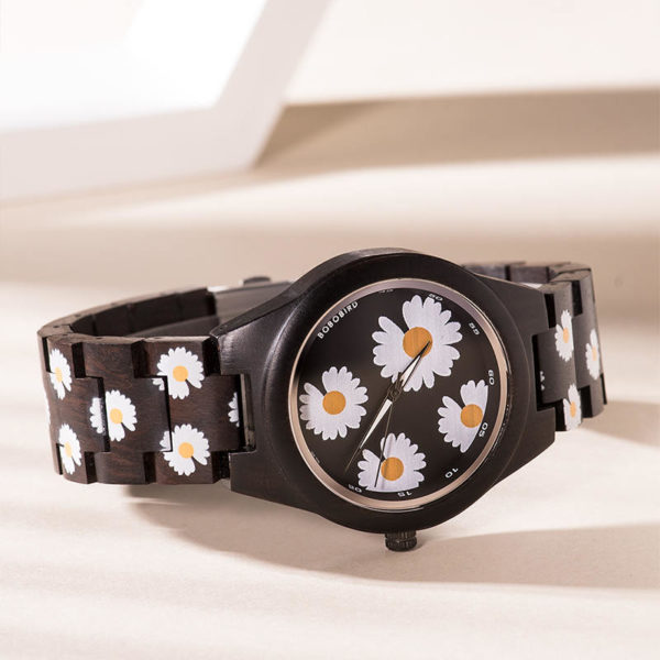 The Fashion Handmade Ebony Printed Unique Wooden Watches - Daisies