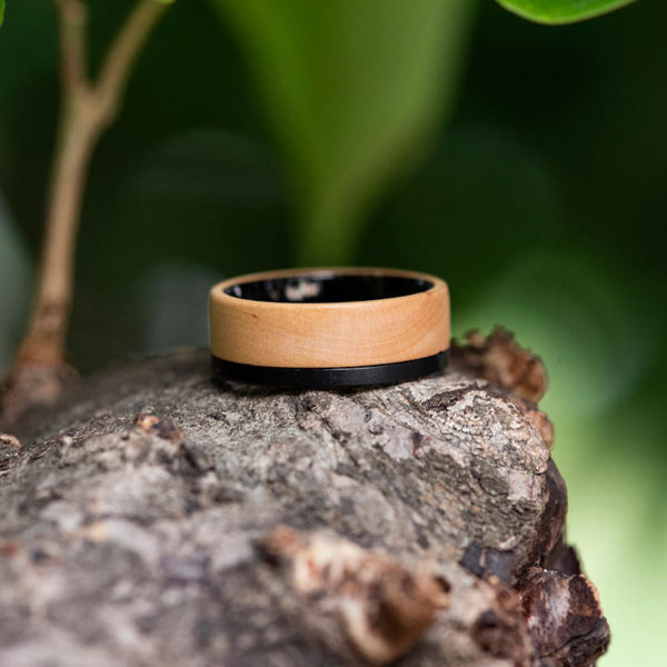 Mens Wood Wedding Band Black Tungsten Wood Ring Lined with Whisky Barrel White Oak Mens Wedding Band GSP10-01K