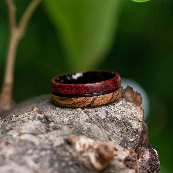 Anneau de mariage en bois rouge et bois de zèbre, anneau en bois de tungstène noir, anneau en bois pour hommes, anneau de mariage pour hommes GSP11-01J