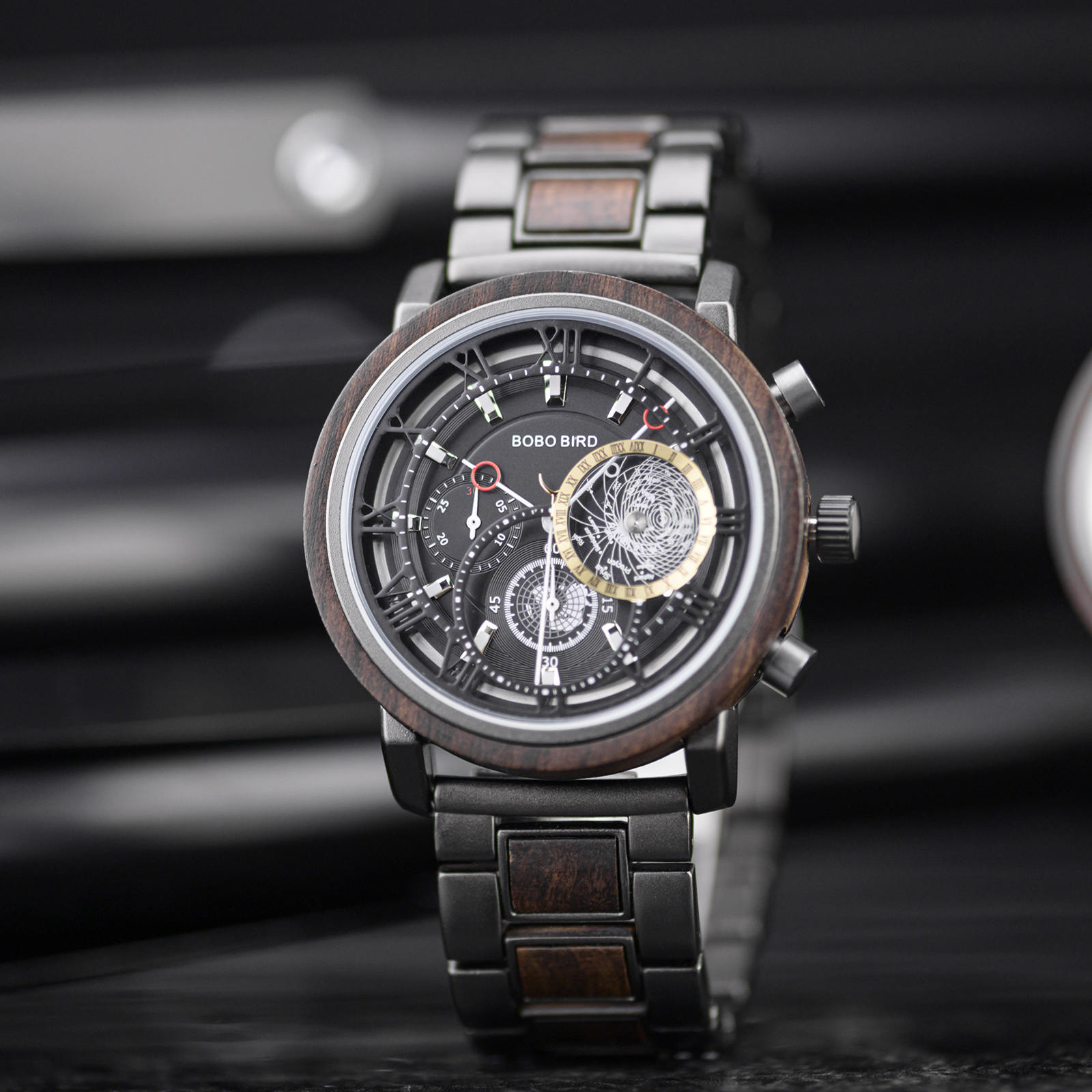 Relógio Personalizado de Madeira Relógio Ebony Chronograph GT044 1A 5