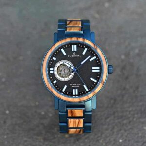 Wooden Men's Wristwatches Stylish Automatic Mechanical Wooden Watch Blue Fashion Casual Water Resistant Luxury Watches GT045-1A-10
