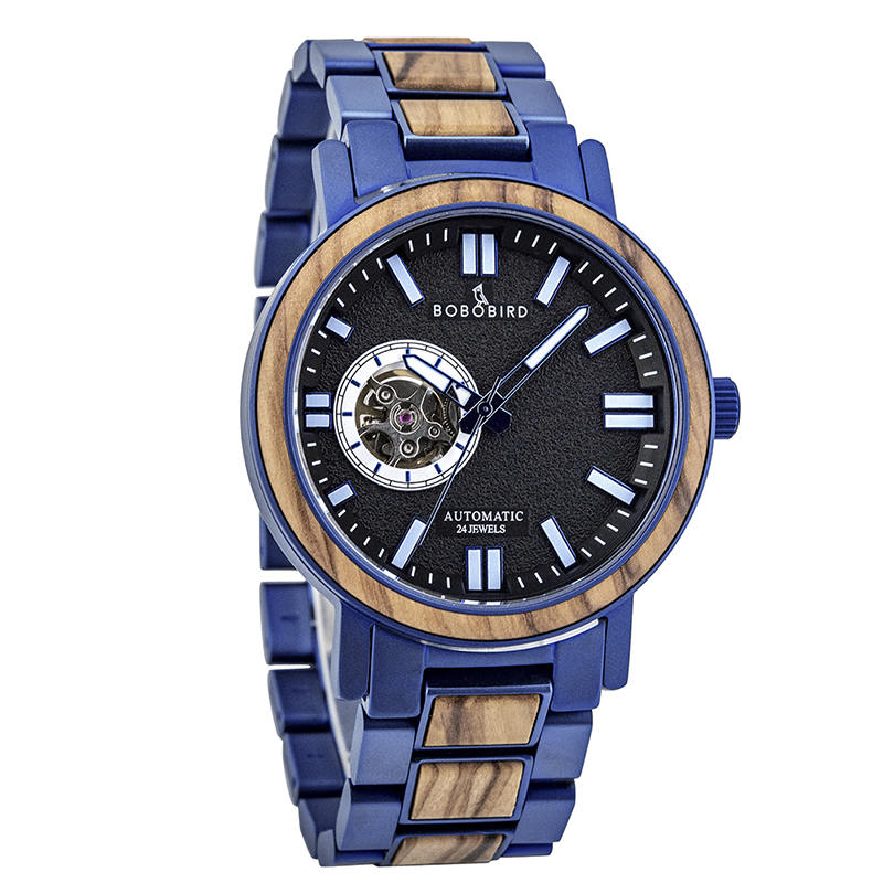 Automatic Mechanical Wooden Watch Blue Fashion Casual Water Resistant Luxury Watches GT045-1A