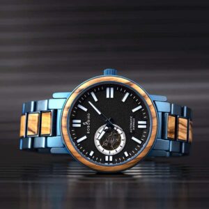 Wooden Men's Wristwatches Stylish Automatic Mechanical Wooden Watch Blue Fashion Casual Water Resistant Luxury Watches GT045-1A-4