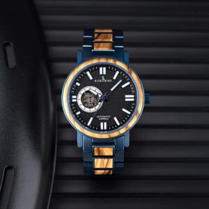 Wooden Men's Wristwatches Stylish Automatic Mechanical Wooden Watch Blue Fashion Casual Water Resistant Luxury Watches GT045-1A