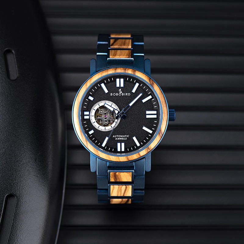 Orologi da polso da uomo in legno Stylish Automatic Mechanical Wooden Watch Blue Fashion Casual Water Resistant Luxury Watches GT045-1A