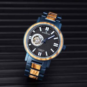 Wooden Men's Wristwatches Stylish Automatic Mechanical Wooden Watch Blue Fashion Casual Water Resistant Luxury Watches GT045-1A-6