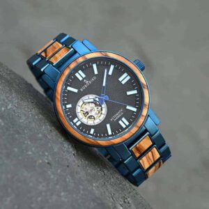 Wooden Men's Wristwatches Stylish Automatic Mechanical Wooden Watch Blue Fashion Casual Water Resistant Luxury Watches GT045-1A-9