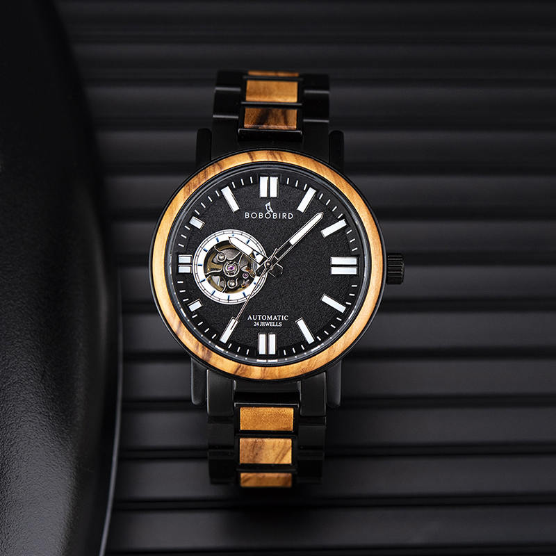 木製の男性用腕時計 スタイリッシュな自動機械式の木製の腕時計 ブルーファッション カジュアルな耐水性の高級時計 GT045-2A