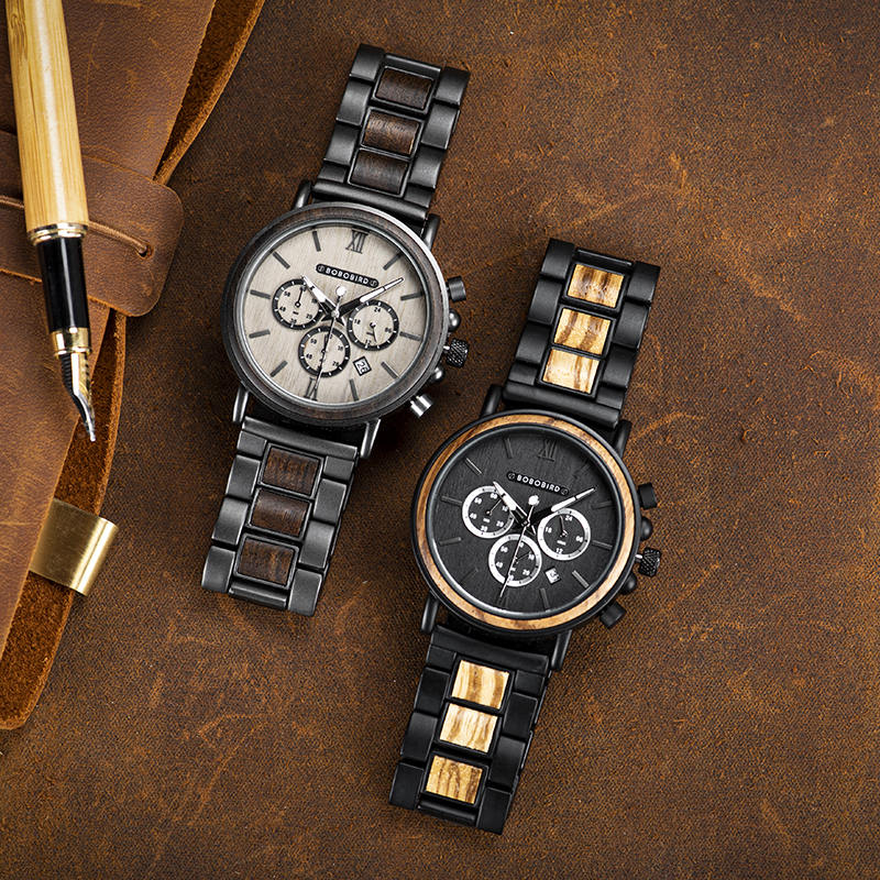 男性のための刻まれた木製の時計トップブランドの高級クロノグラフミリタリークォーツ時計GT050-1A