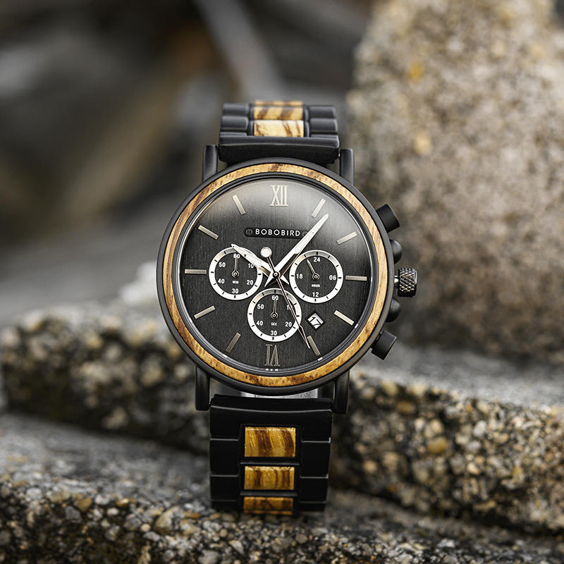木製の時計は、ボボの鳥を刻まれた新しい木製の時計メンズトップブランドの高級クロノグラフミリタリークォーツ時計GT050-1A