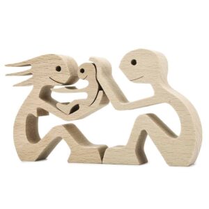 Couple with One Kid Wood Sculpture, Couple Wooden Carving Gifts Home Decor_5