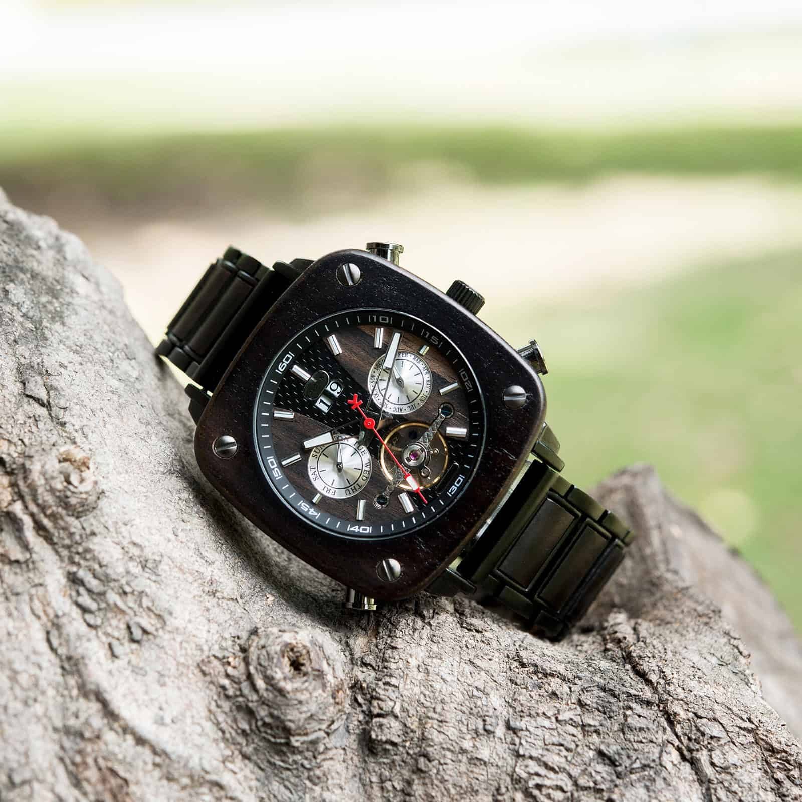 天然黒檀の角型多機能機械式木製腕時計 - Sullivan