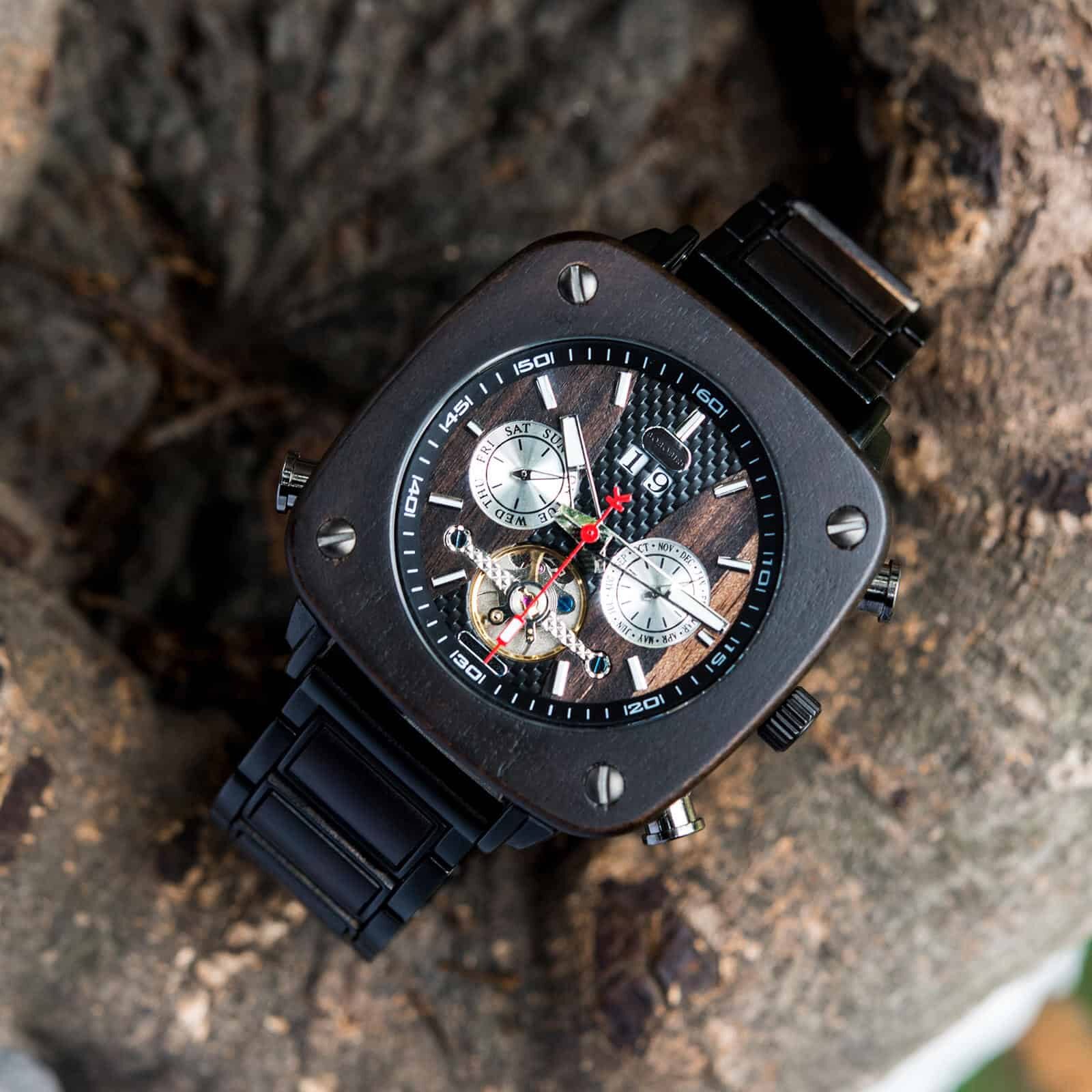 Natural Ebony Square Multifunctional Mechanical Wooden Watch - Sullivan