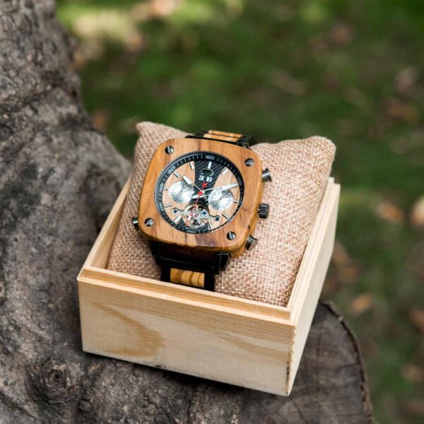 Natural Zebrawood Square Multifunctional Mechanical Wooden Watch - Sullivan