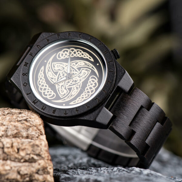 Triple Horn of Odin Handmade Engraved Wooden Watch T16-6