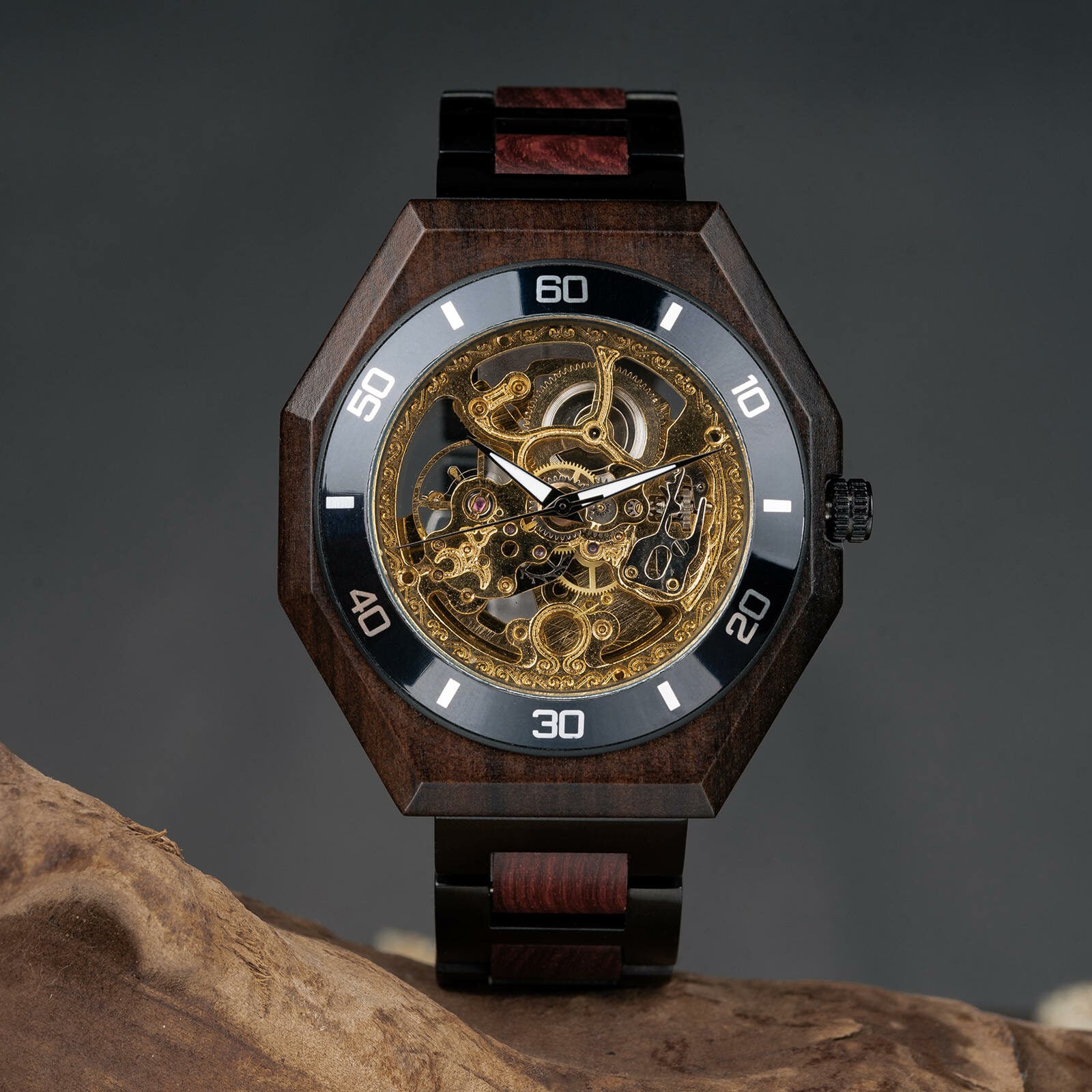 Orologi in legno noce scheletro automatico meccanico in legno T91-1
