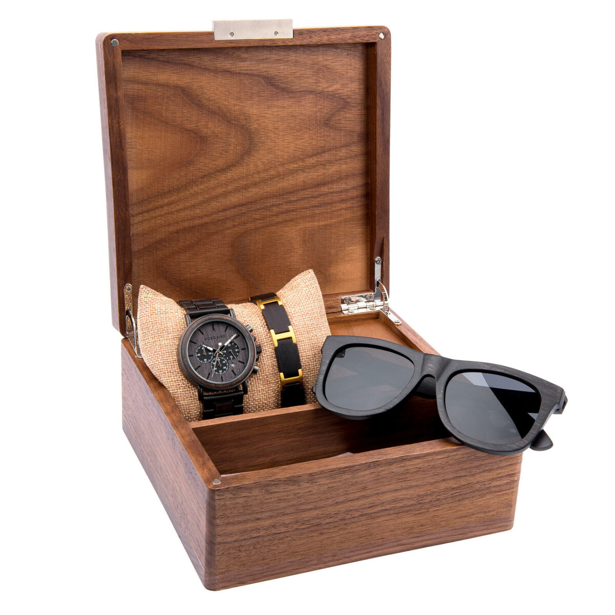 Relógio de Madeira de Ébano Clássico + Óculos de Sol de Madeira de Ébano + Bracelete de Madeira de Ébano Caixa de Presente