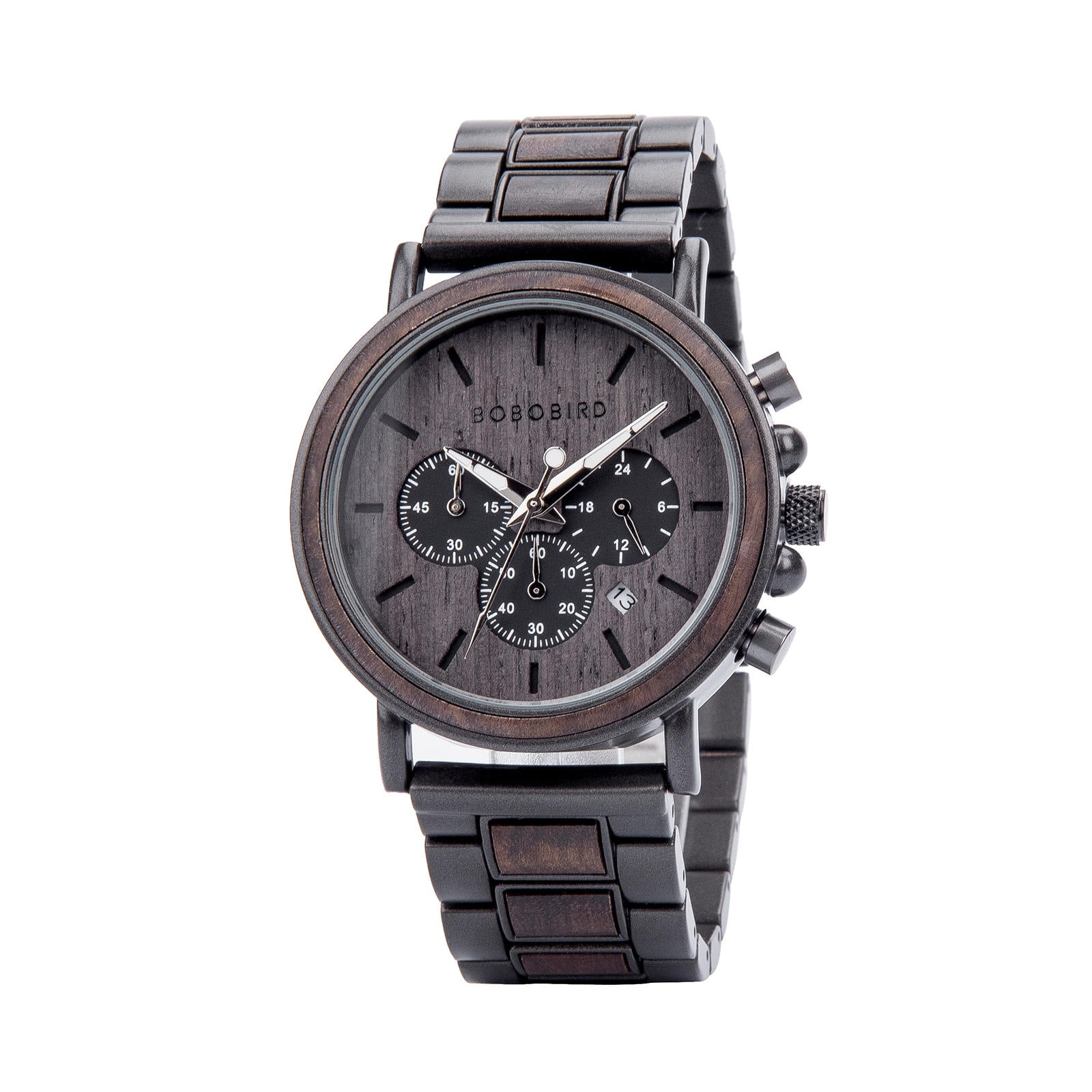 Bobo Bird Classic Handmade Ebony Men's Wooden Watch + Ebony Wood Sunglasses + Ebony Wooden Bracelet Gift Box