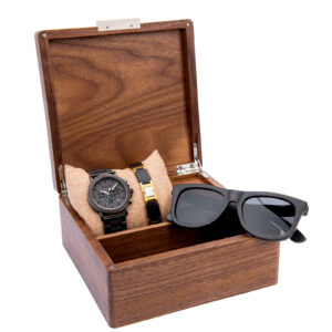 Relógio de Madeira de Ébano Clássico + Óculos de Sol de Madeira de Ébano + Bracelete de Madeira de Ébano Caixa de Presente