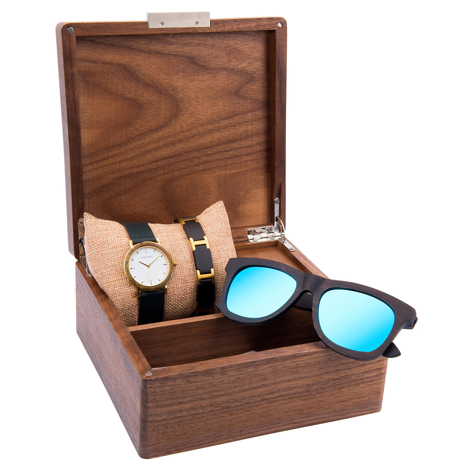 Grüne Sandelholz-Holzuhr für Frauen + Sonnenbrille + Holzarmband-Geschenkbox-Set