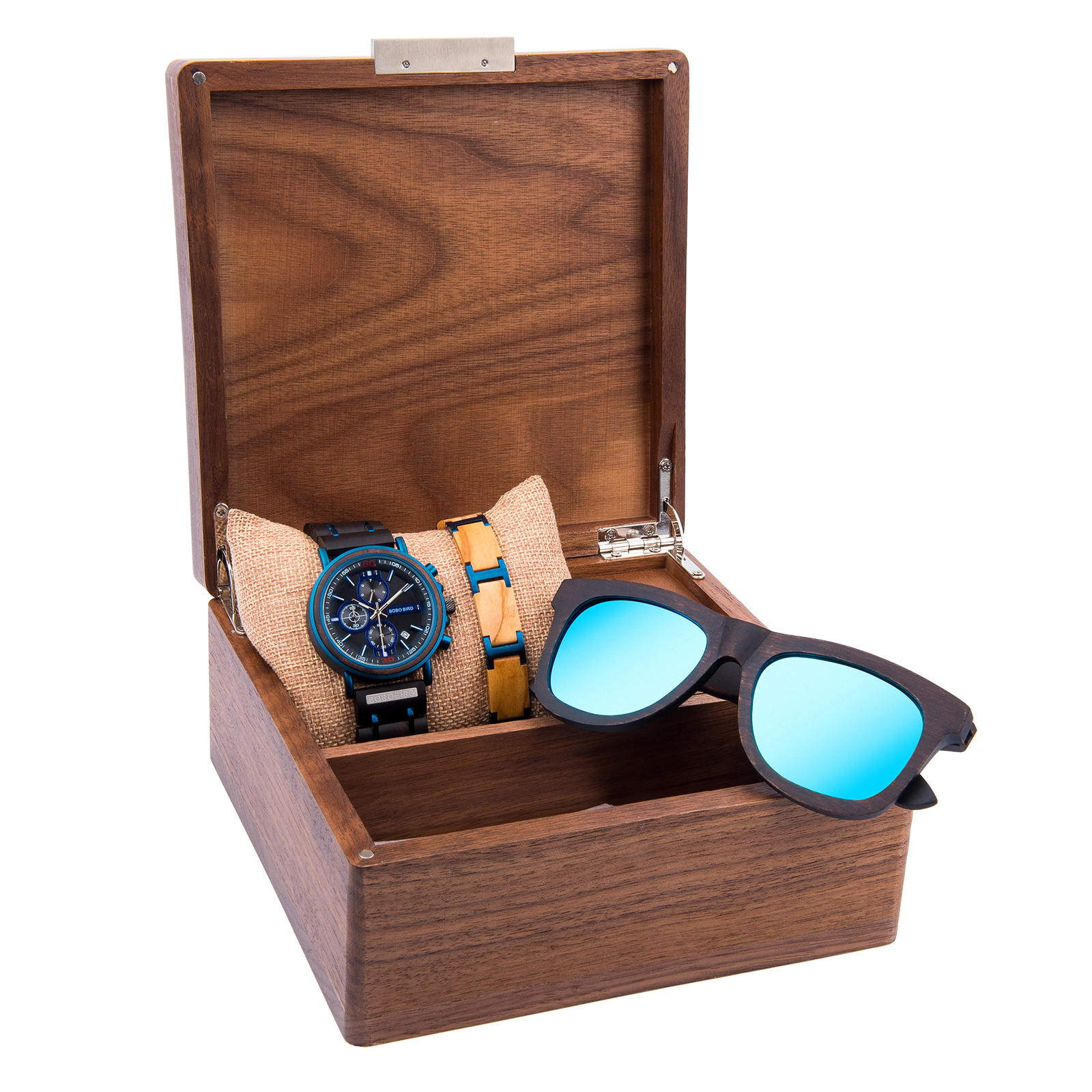 Reloj de madera de ébano natural para hombre + gafas de sol + caja de regalo con pulsera de madera
