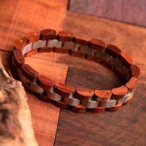 Mens Wooden Bracelet Redwood Wood & Stainless Steel - Minuet_5