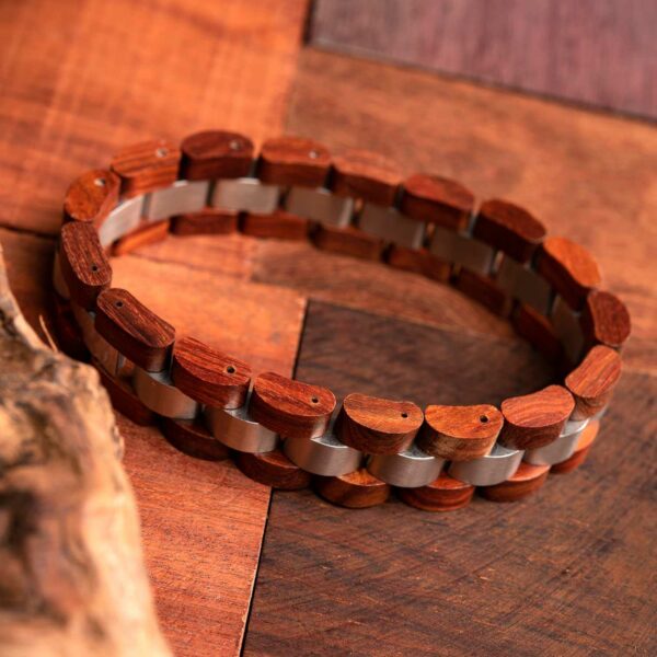 Mens Wooden Bracelet Redwood Wood & Stainless Steel - Minuet