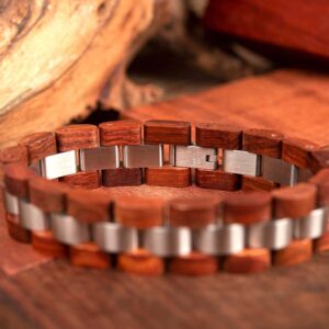 Mens Wooden Bracelet Redwood Wood & Stainless Steel - Minuet_9
