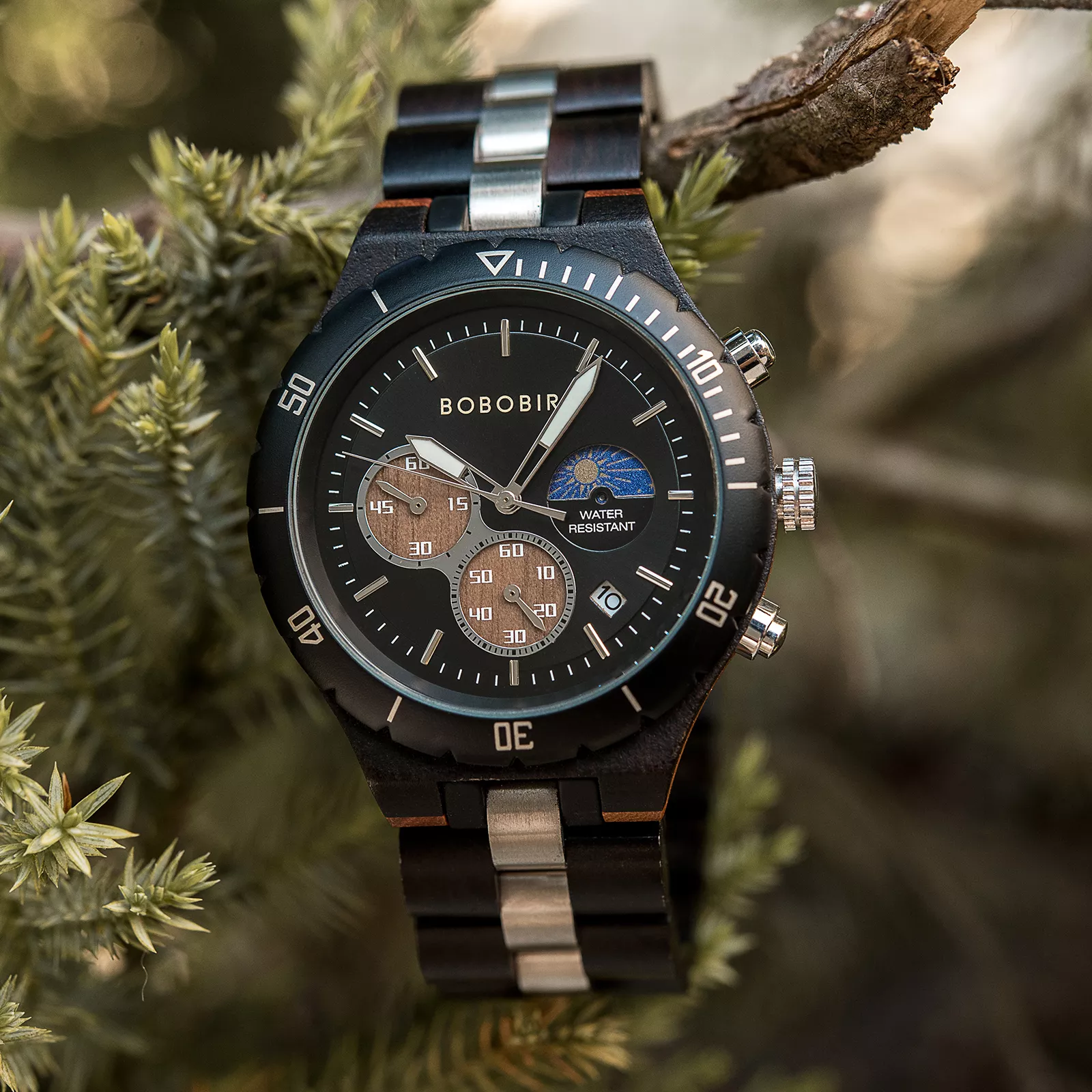 Reloj para hombre Classic Multifunctional Chronograph Moonphase Wooden Watch Ebony Black - Hunter