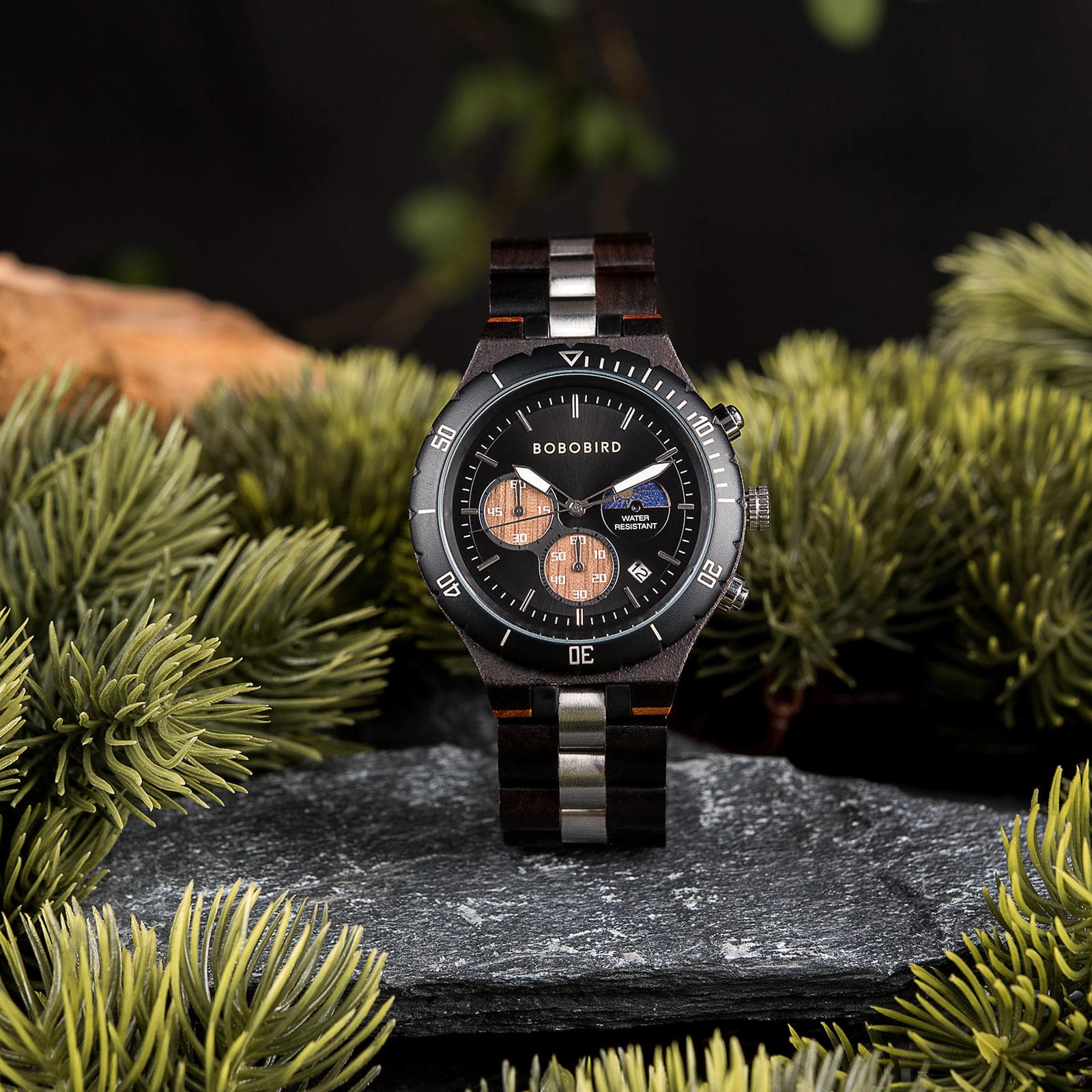Bobo Bird Classic Multifunctional Chronograph Moonphase Wooden Watch Ebony Black - Hunter