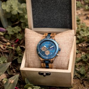 Classic Multifunctional Chronograph Moonphase Wooden Watch Zebrawood Blue - Hunter_10