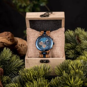Classic Multifunctional Chronograph Moonphase Wooden Watch Zebrawood Blue - Hunter_14