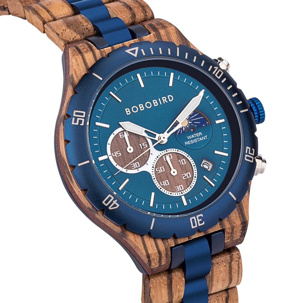 Classic Multifunctional Chronograph Moonphase Wooden Watch Zebrawood Blue - Hunter_3 Classic Multifunctional Chronograph Moonphase Wooden Watch Zebrawood Blue - Hunter_3