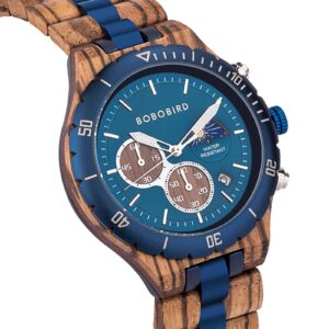 Classic Multifunctional Chronograph Moonphase Wooden Watch Zebrawood Blue - Hunter_3