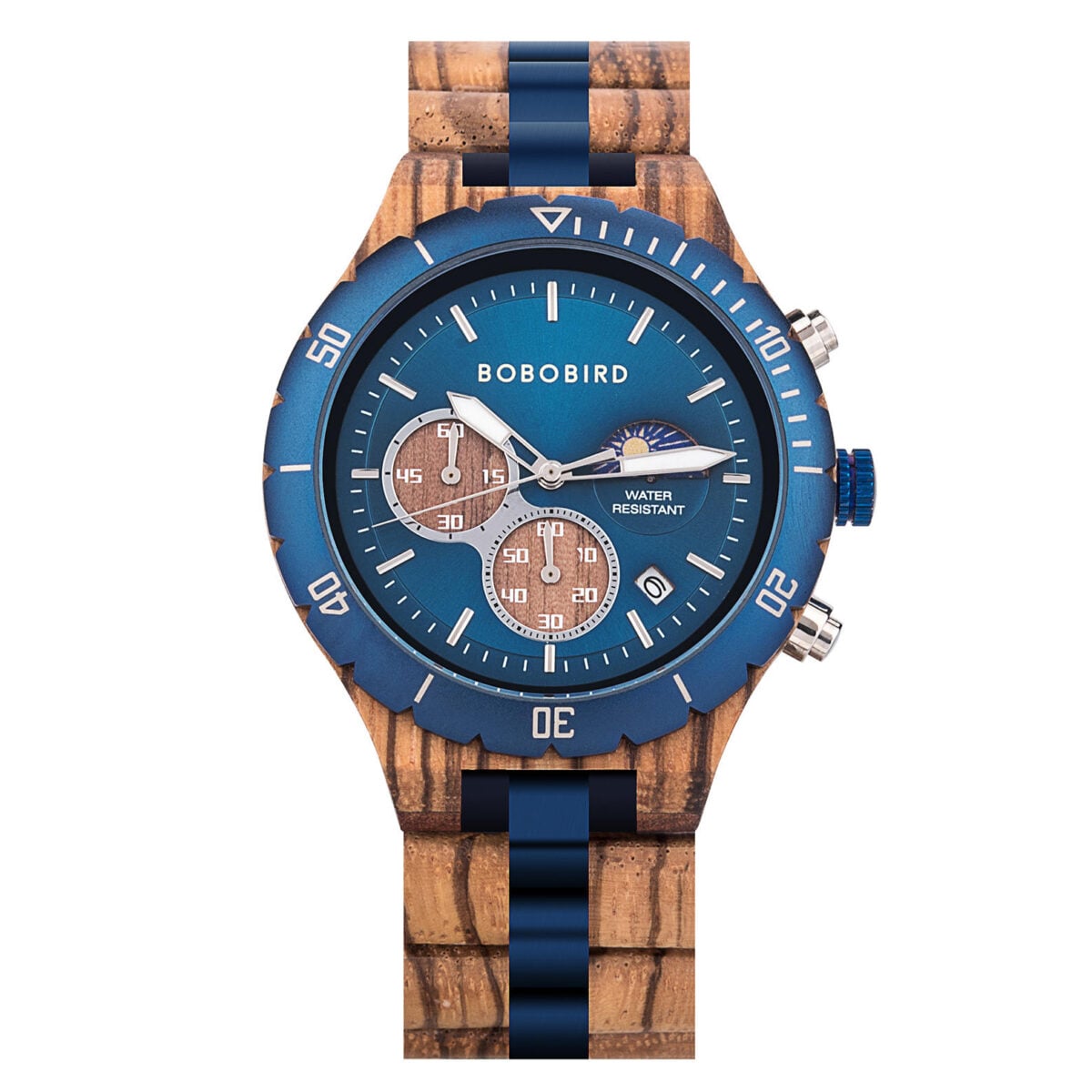 Classic Multifunctional Chronograph Moonphase Wooden Watch Zebrawood Blue - Hunter_4 Classic Multifunctional Chronograph Moonphase Wooden Watch Zebrawood Blue - Hunter_4